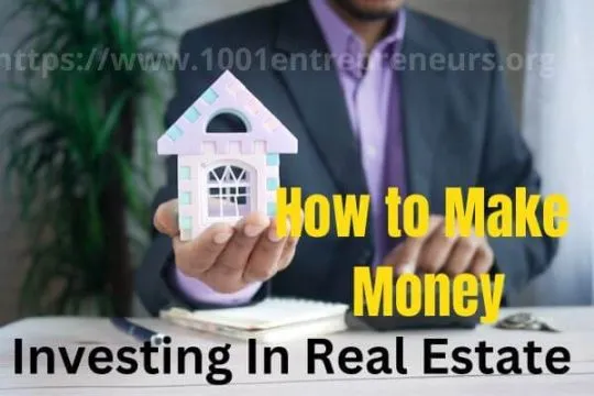 Man in corporate holding House Mock up. How to make money with Real Estate Investment Written in Background